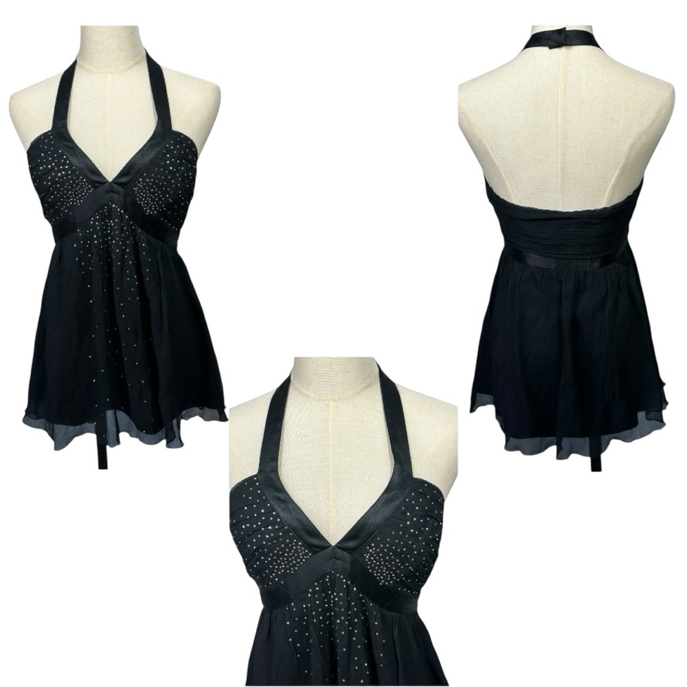 VTG Y2K Express Halter Babydoll Top 6 Rhinestone 100% Silk Tank Retro Going Out